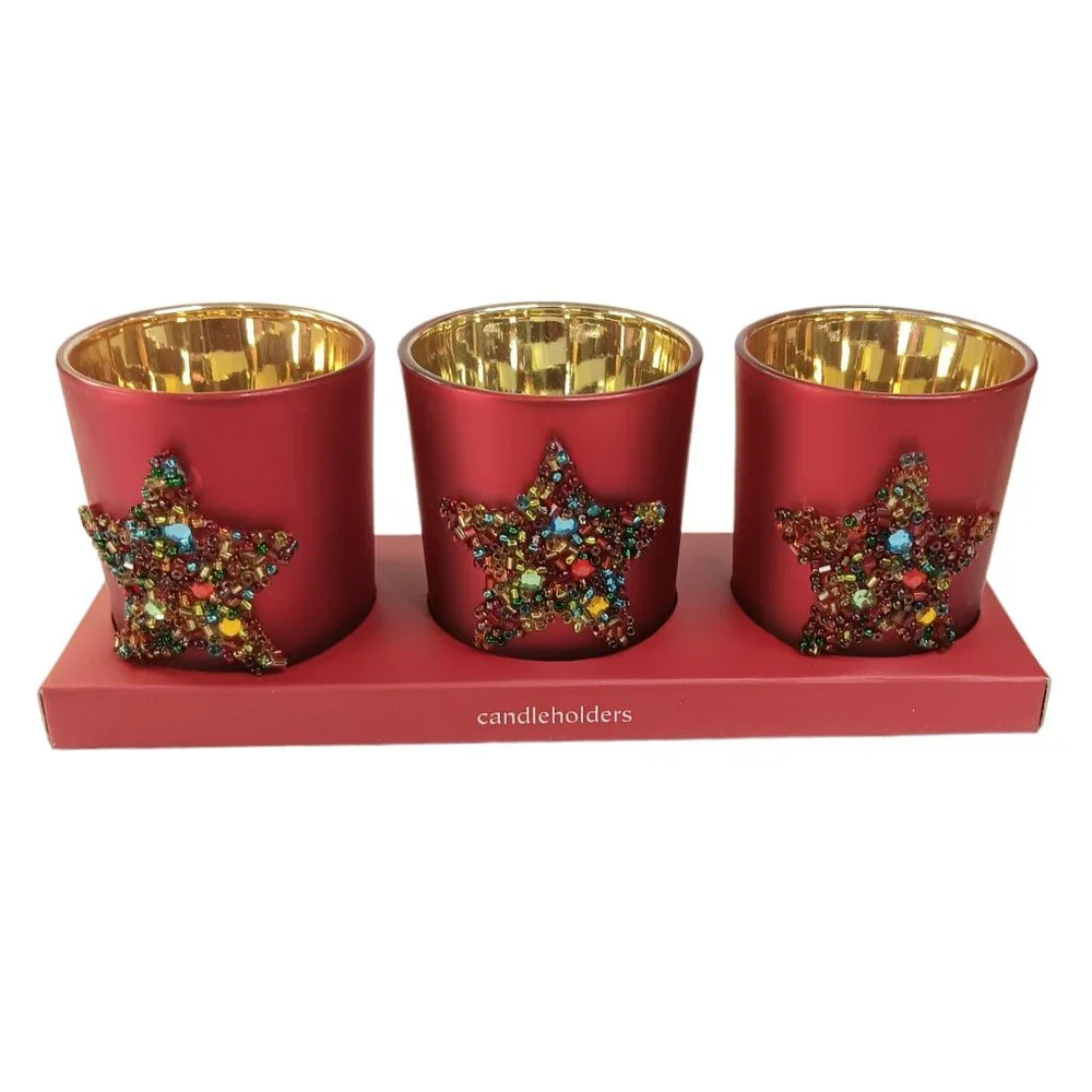 Pier One Glass Red Frosted Candleholders Star Bead Design New In Box